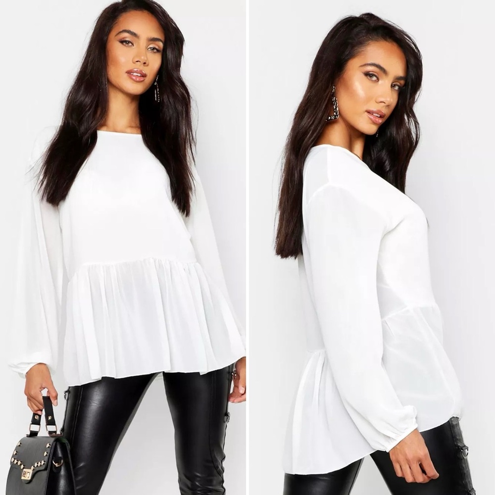 BOOHOO Woven Peplum Smock Blouse Semi-Sheer in White Size 8 US NWT